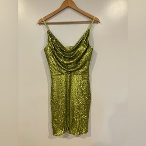Dress the Population Paloma Sequin Mini Dress Lemongrass – Cowl Front, Size S